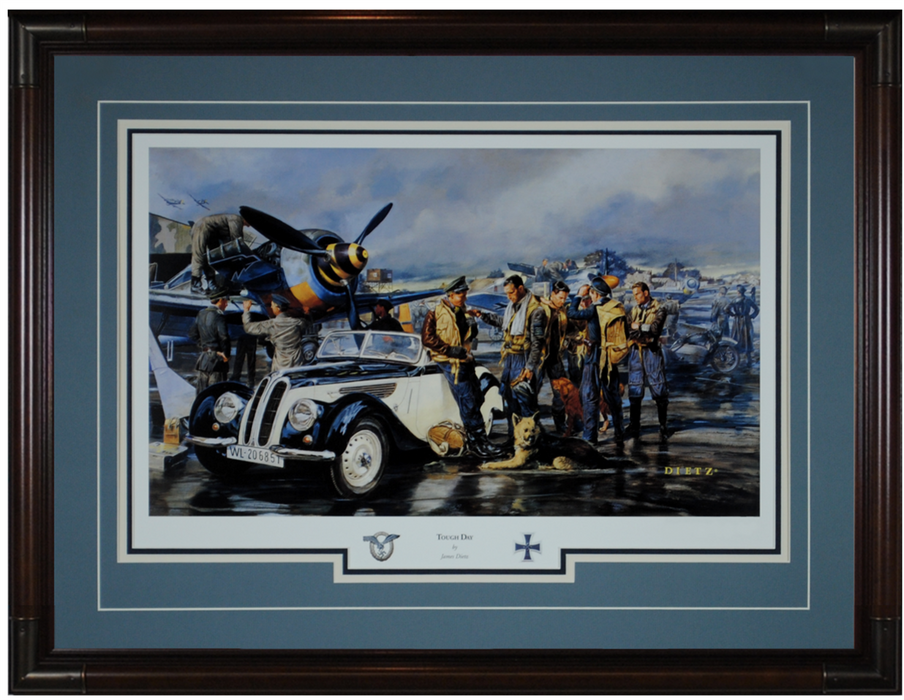 "Tough Day" by James Dietz with a mahagony frame, brass corners, UV protected acrylic, v-groove, and three archival mats.