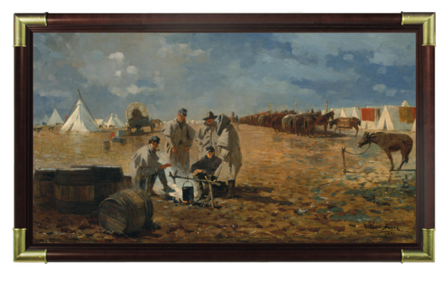 Framed "A Rainy Day In Camp" by Winslow Homer with brass corners