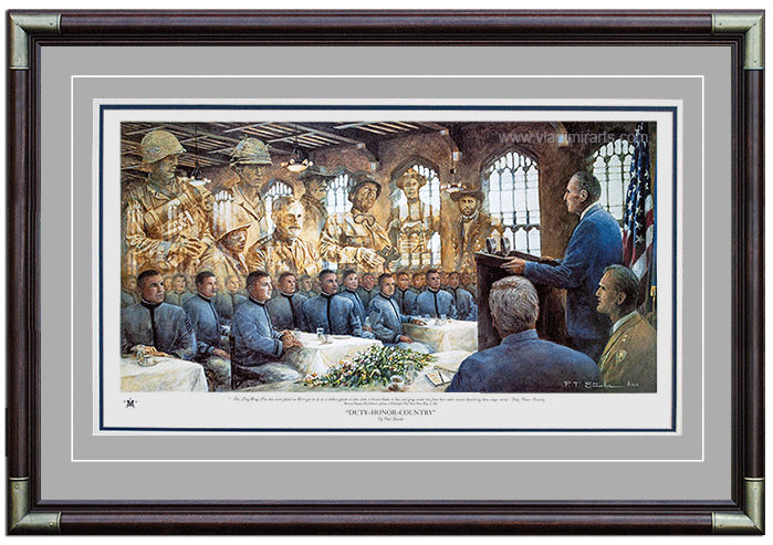 Framed "Duty Honor Country" by Paul Steuke with brass corners, UV acrylic, v-groove, and three archival mats.